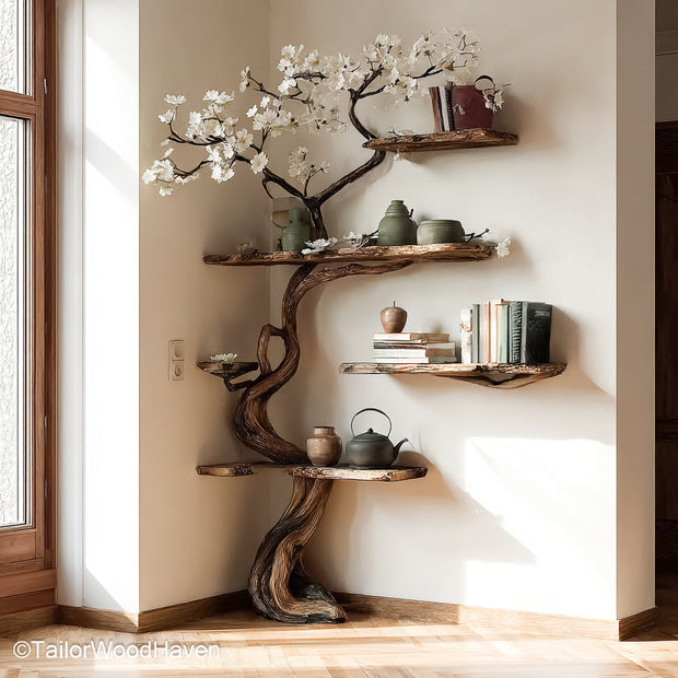 Tree Trunk Corner Shelves Rustic Wooden Corner Bookshelf with Solid Tree Trunk Design for Cozy, Nature Inspired Spaces