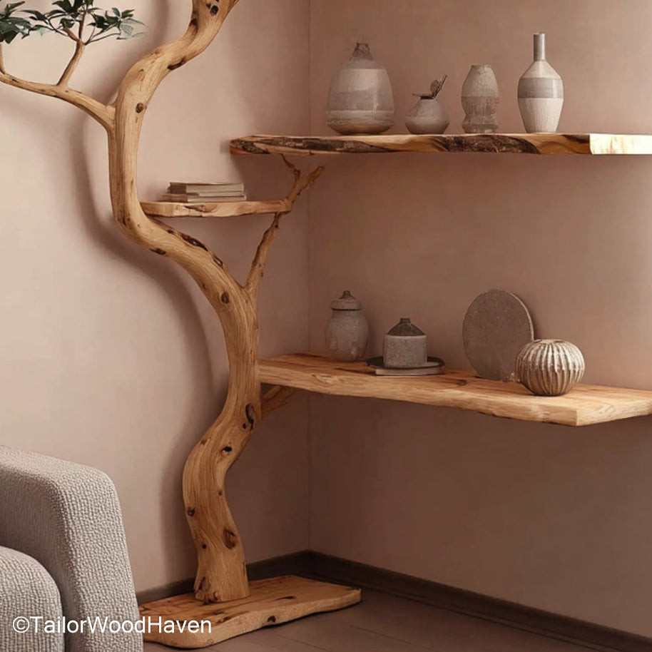 Corner Tree Shaped Bookshelf Freestanding Tree Design Bookcase for Corners, Handcrafted from Real Wood