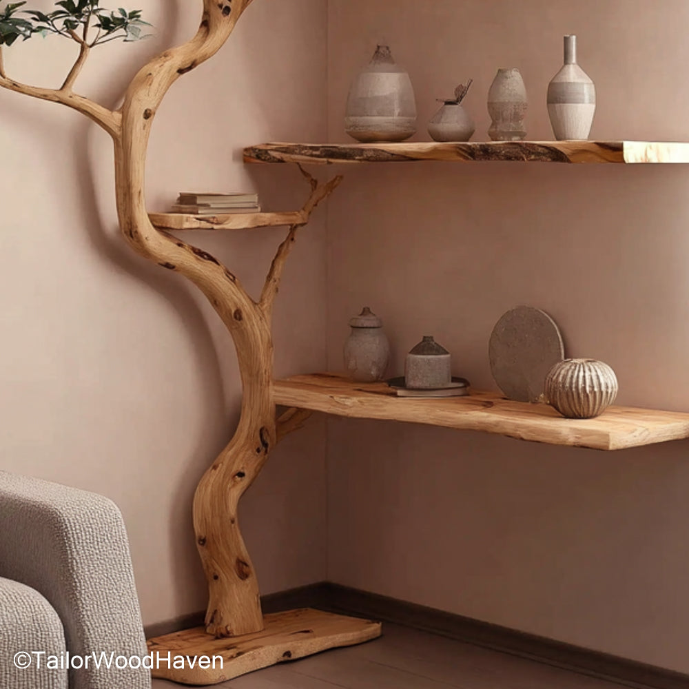 Corner Tree Shaped Bookshelf Freestanding Tree Design Bookcase for Corners, Handcrafted from Real Wood