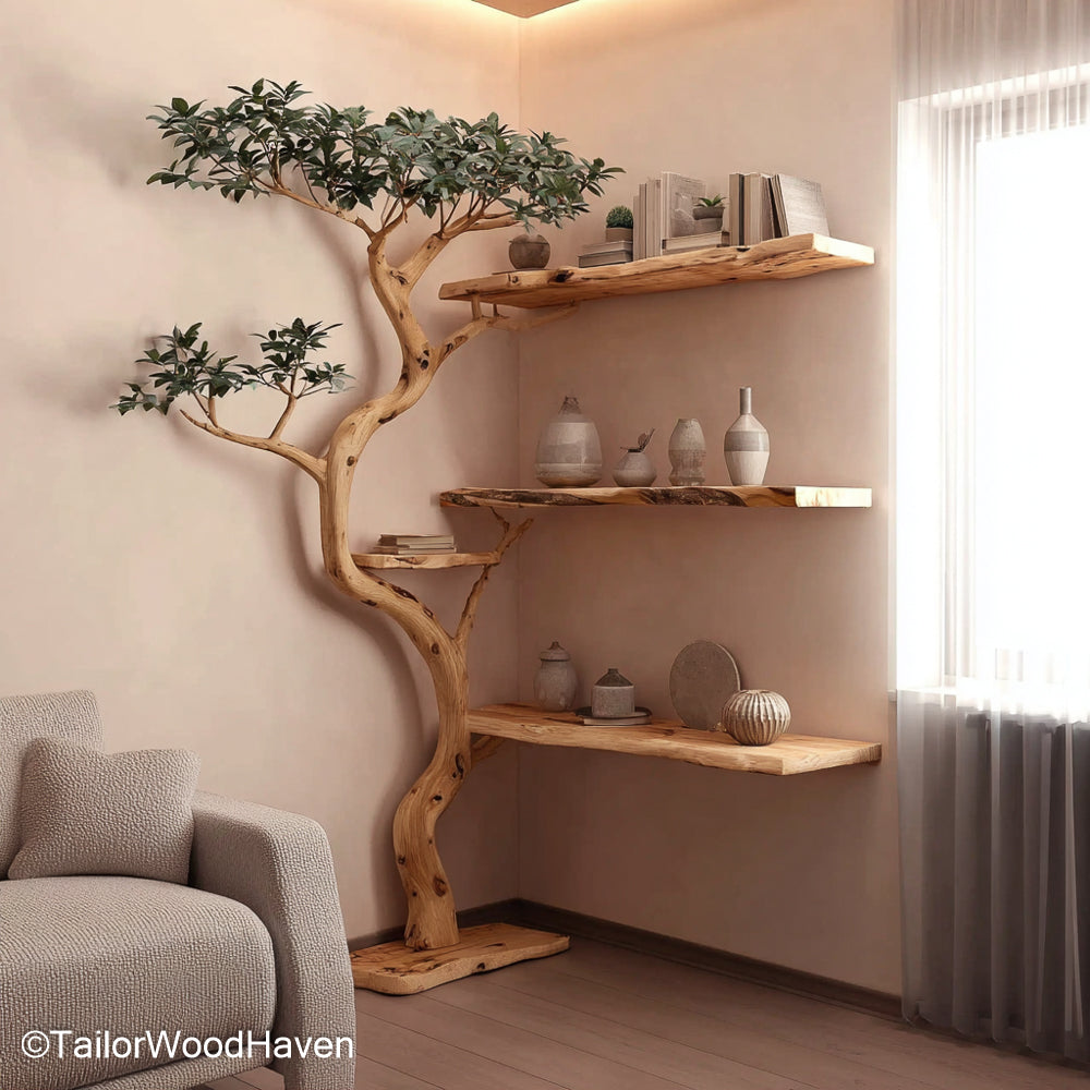 Corner Tree Shaped Bookshelf Freestanding Tree Design Bookcase for Corners, Handcrafted from Real Wood