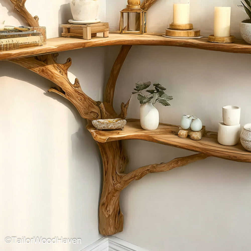 Tree Branch Corner Shelf Artistic Wooden Corner Bookshelf Sculpted to Mimic Tree Branches for Rustic or Boho Decor