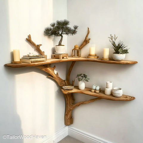 Tree Branch Corner Shelf Artistic Wooden Corner Bookshelf Sculpted to Mimic Tree Branches for Rustic or Boho Decor