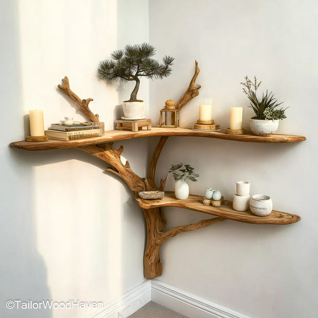 Tree Branch Corner Shelf Artistic Wooden Corner Bookshelf Sculpted to Mimic Tree Branches for Rustic or Boho Decor