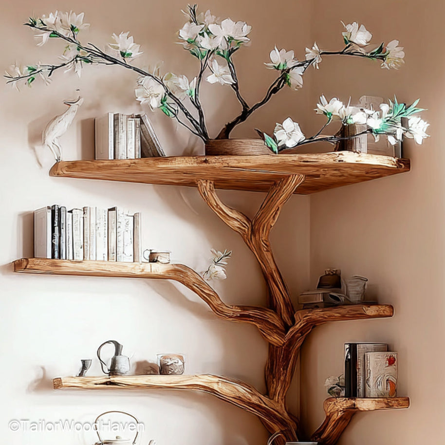 Tree Branch Floating Corner Shelf Wall Mounted Wooden Corner Shelf in Tree Branch Form for Minimalist or Natural Interiors