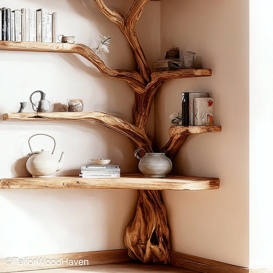 Tree Branch Floating Corner Shelf Wall Mounted Wooden Corner Shelf in Tree Branch Form for Minimalist or Natural Interiors
