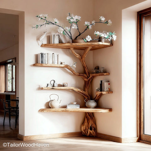 Tree Branch Floating Corner Shelf Wall Mounted Wooden Corner Shelf in Tree Branch Form for Minimalist or Natural Interiors
