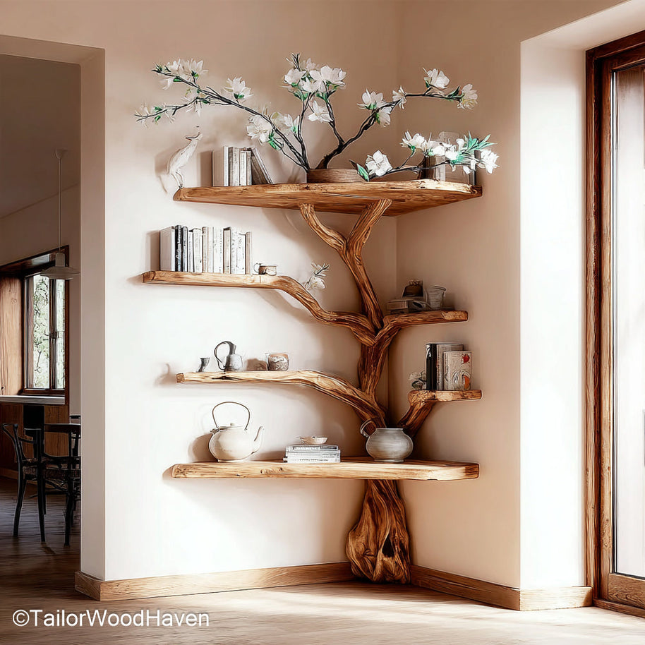 Tree Branch Floating Corner Shelf Wall Mounted Wooden Corner Shelf in Tree Branch Form for Minimalist or Natural Interiors