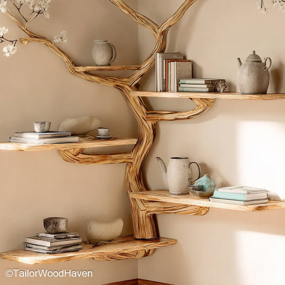 Tree Trunk Corner Bookshelf Solid Wood Tree Inspired Corner Bookcase with Rustic Trunk Texture and Organic Charm
