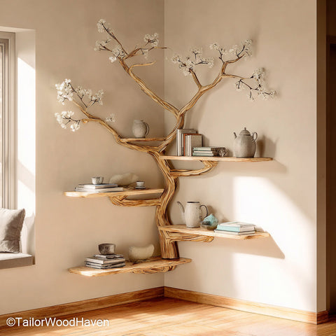 Tree Trunk Corner Bookshelf Solid Wood Tree Inspired Corner Bookcase with Rustic Trunk Texture and Organic Charm