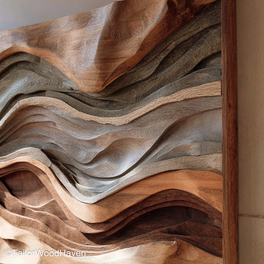 Wood Art Abstract sculpture made from solid wood with layered cuts and texture, designed to bring movement and depth to contemporary walls