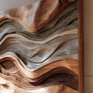 Wood Art Abstract sculpture made from solid wood with layered cuts and texture, designed to bring movement and depth to contemporary walls