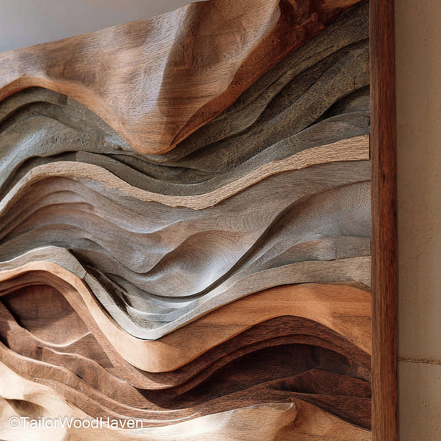 Wood Art Abstract sculpture made from solid wood with layered cuts and texture, designed to bring movement and depth to contemporary walls