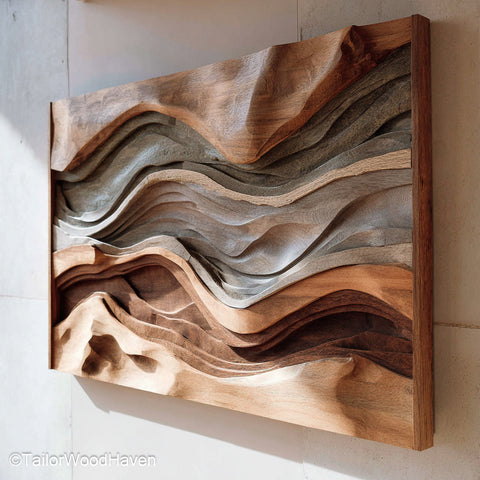Wood Art Abstract sculpture made from solid wood with layered cuts and texture, designed to bring movement and depth to contemporary walls