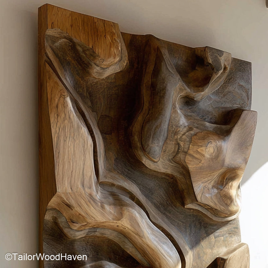Wood Block Wall Art arranged from carved wood blocks with varied grain and depth, ideal for creating a dimensional and handcrafted accent wall