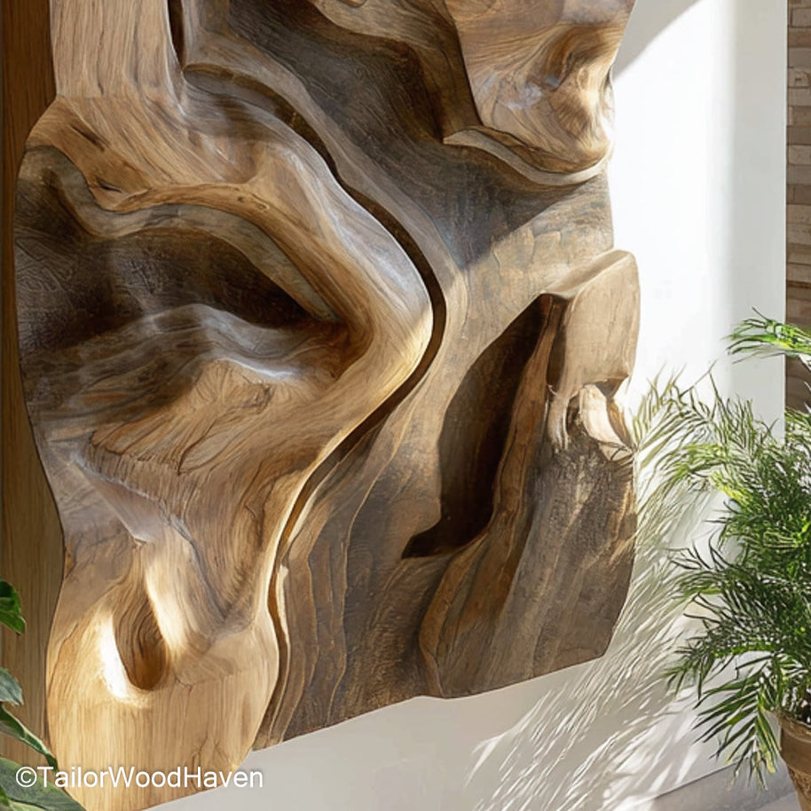 Wood Block Wall Art arranged from carved wood blocks with varied grain and depth, ideal for creating a dimensional and handcrafted accent wall