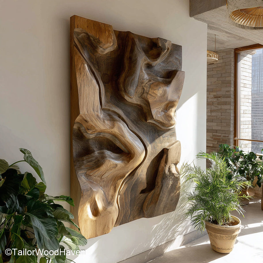 Wood Block Wall Art arranged from carved wood blocks with varied grain and depth, ideal for creating a dimensional and handcrafted accent wall