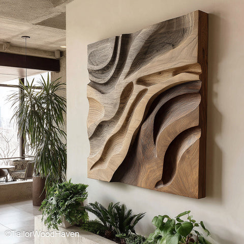 3D Wood Wall Art Handcrafted Wood Panel with Deep Carving Detail to Add Dimensional Texture to Living Room or Office Walls