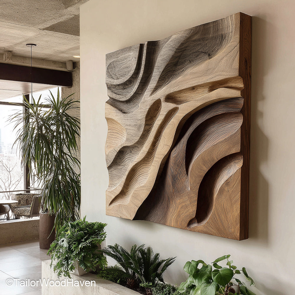3D Wood Wall Art Handcrafted Wood Panel with Deep Carving Detail to Add Dimensional Texture to Living Room or Office Walls