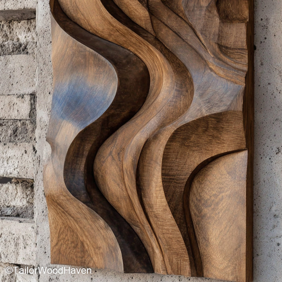 Sliced Wood Wall Art featuring cross section wood slices arranged by hand, ideal for adding organic patterns and rustic warmth to modern interiors