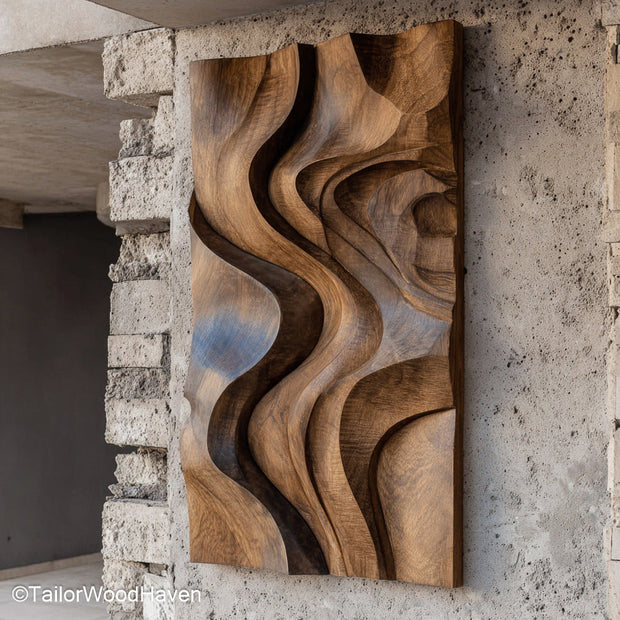 Sliced Wood Wall Art featuring cross section wood slices arranged by hand, ideal for adding organic patterns and rustic warmth to modern interiors