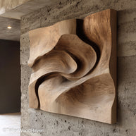 Large wooden artwork made from bold timber panels with textured surfaces and abstract layout, ideal for statement walls or spacious hallways