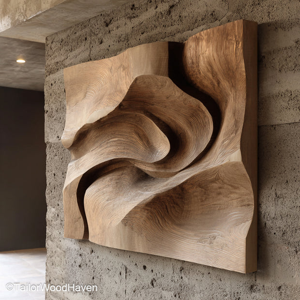 Large wooden artwork made from bold timber panels with textured surfaces and abstract layout, ideal for statement walls or spacious hallways