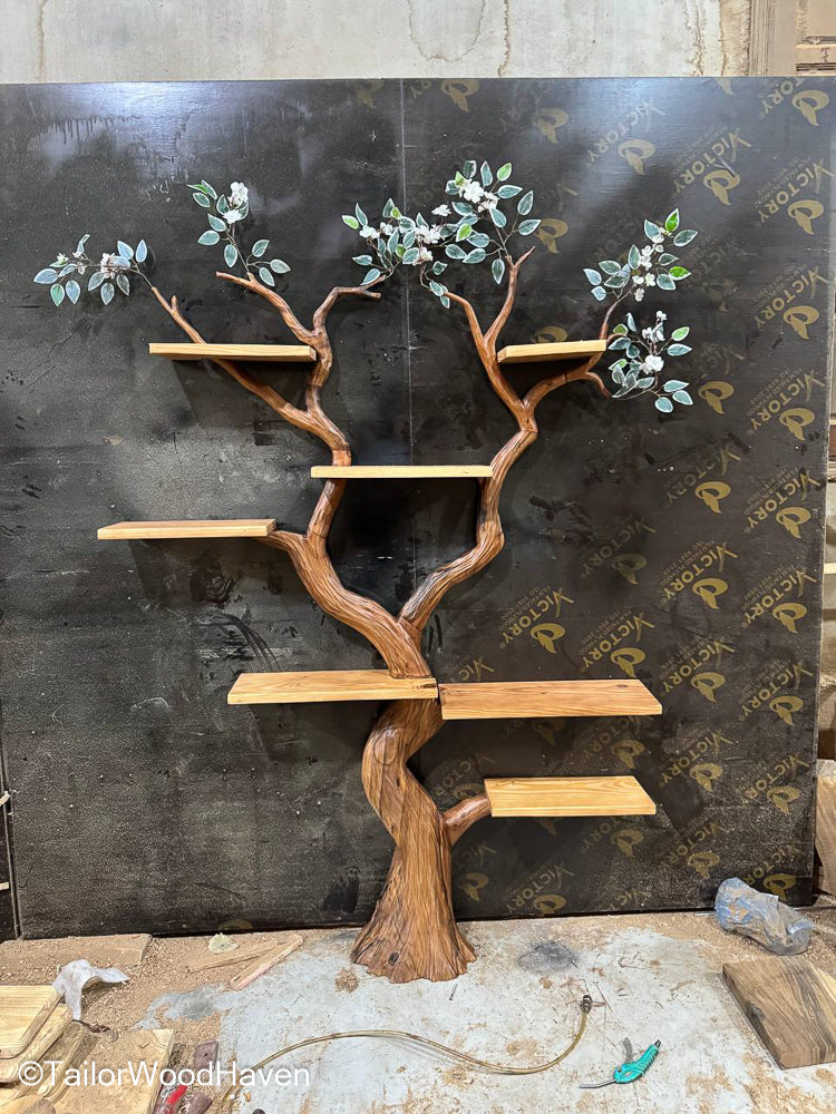 Custom Tree Shelf Design Wall Mounted Natural Wooden Bookshelf with Artistic Tree Pattern