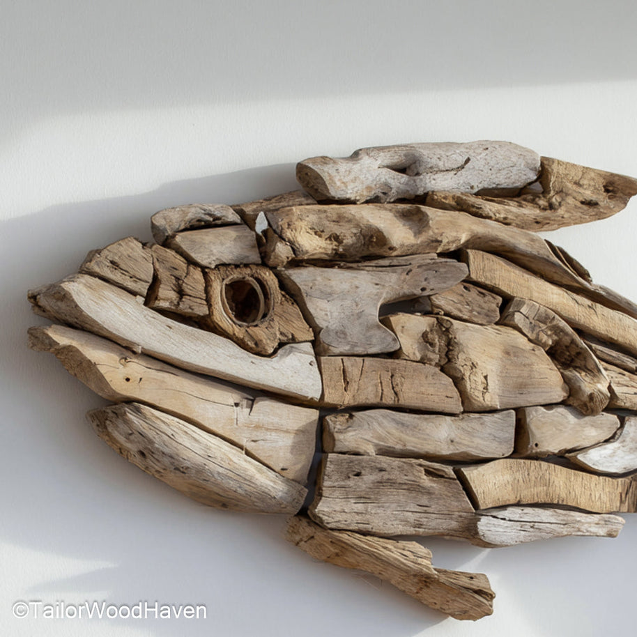 Driftwood Fish Wall Hanging built from layered driftwood in a hanging fish formation, ideal for ocean themed homes, cabins, or beach house entryways