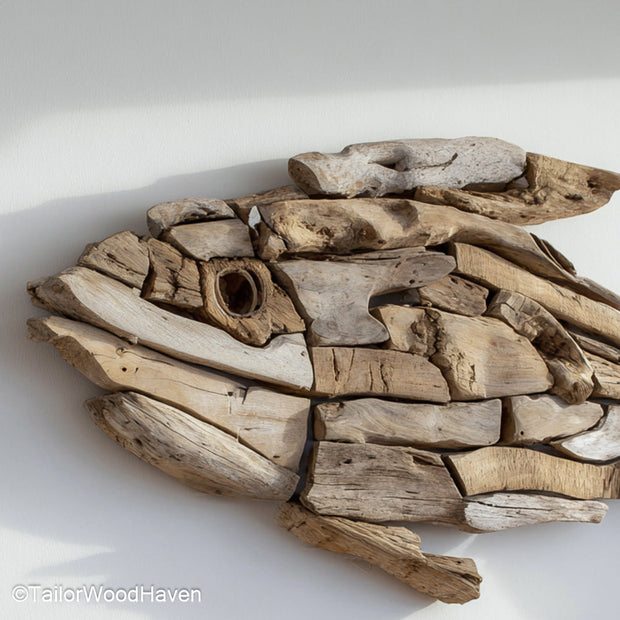 Driftwood Fish Wall Hanging built from layered driftwood in a hanging fish formation, ideal for ocean themed homes, cabins, or beach house entryways