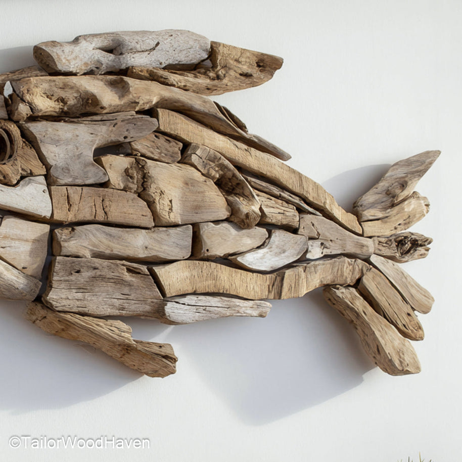 Driftwood Fish Wall Hanging built from layered driftwood in a hanging fish formation, ideal for ocean themed homes, cabins, or beach house entryways