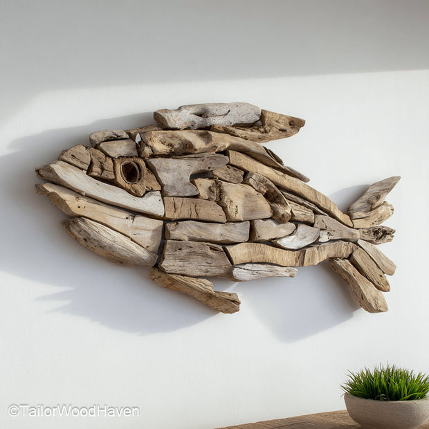 Driftwood Fish Wall Hanging built from layered driftwood in a hanging fish formation, ideal for ocean themed homes, cabins, or beach house entryways