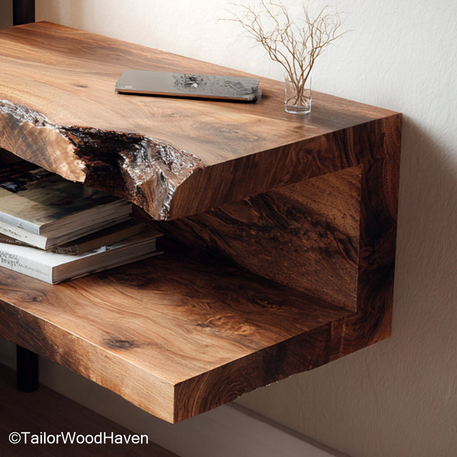 Nightstand attached to wall made from solid wood with bracket free support and natural grain, designed for clean and modern wall storage