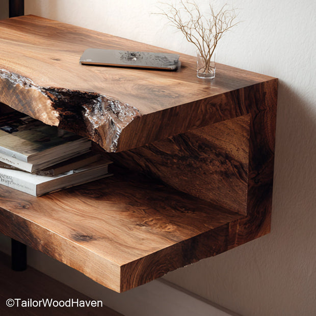 Nightstand attached to wall made from solid wood with bracket free support and natural grain, designed for clean and modern wall storage