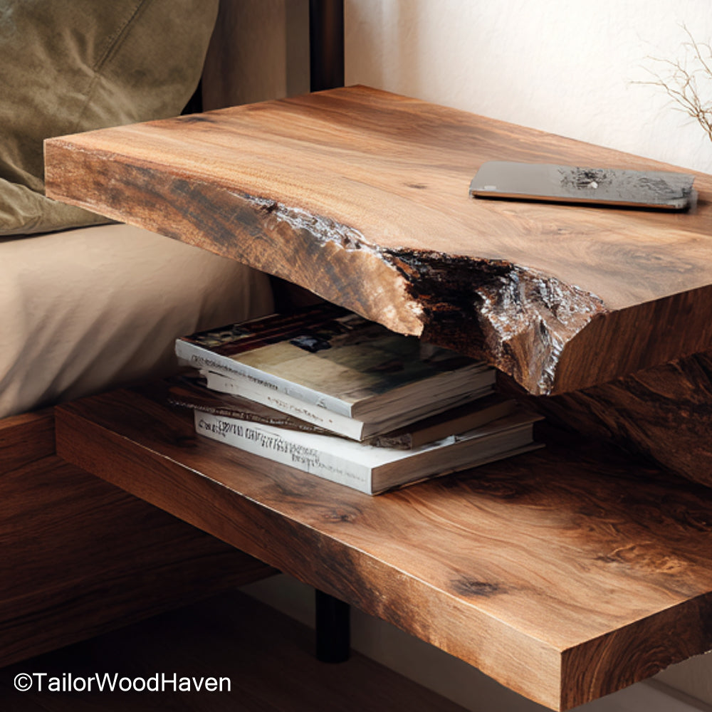 Nightstand attached to wall made from solid wood with bracket free support and natural grain, designed for clean and modern wall storage