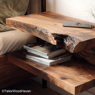 Nightstand attached to wall made from solid wood with bracket free support and natural grain, designed for clean and modern wall storage