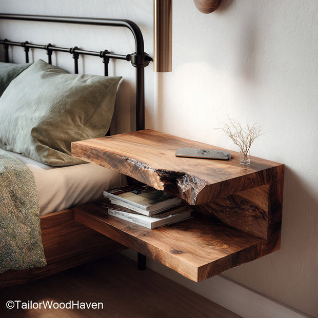 Nightstand attached to wall made from solid wood with bracket free support and natural grain, designed for clean and modern wall storage