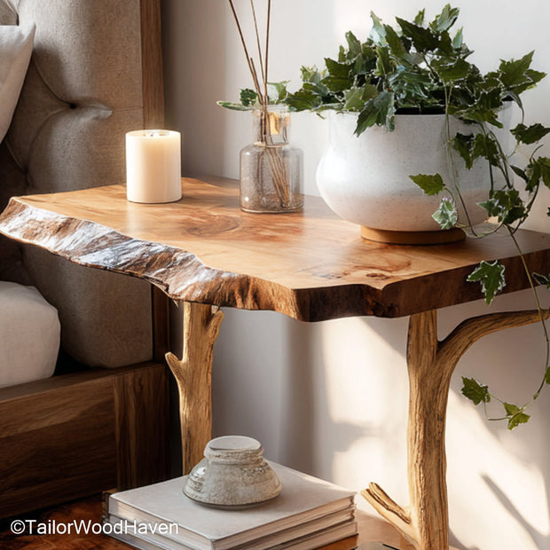 Bedside table attached to wall built with real wood and hidden floating mount, perfect for adding function beside beds without using floor space