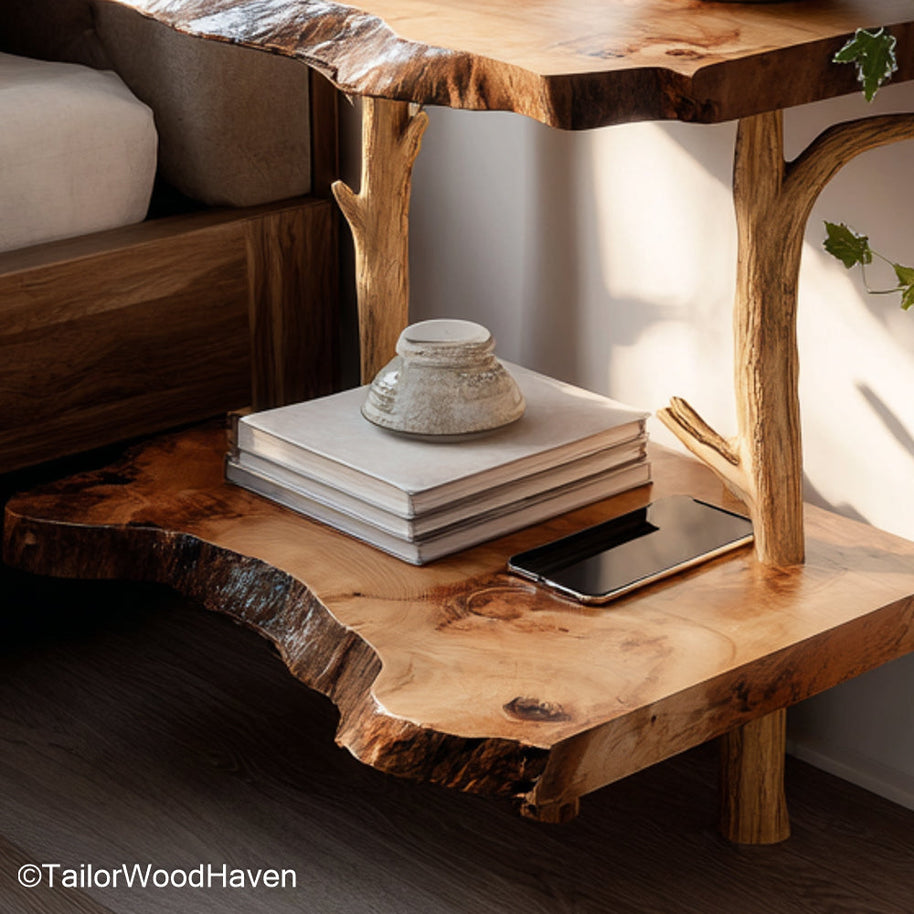 Bedside table attached to wall built with real wood and hidden floating mount, perfect for adding function beside beds without using floor space