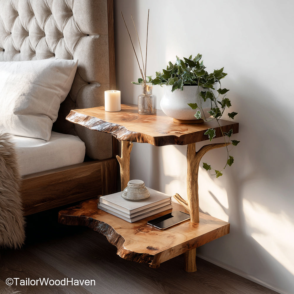 Bedside table attached to wall built with real wood and hidden floating mount, perfect for adding function beside beds without using floor space