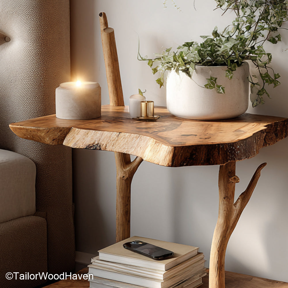 Wall fixed bedside table designed from natural hardwood with clean lines and floating support, ideal for tidy and minimalist bedroom layouts