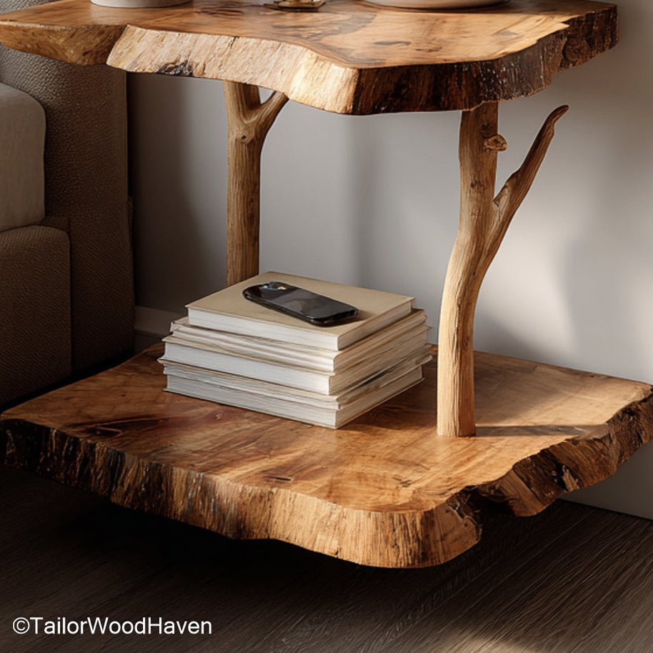Wall fixed bedside table designed from natural hardwood with clean lines and floating support, ideal for tidy and minimalist bedroom layouts