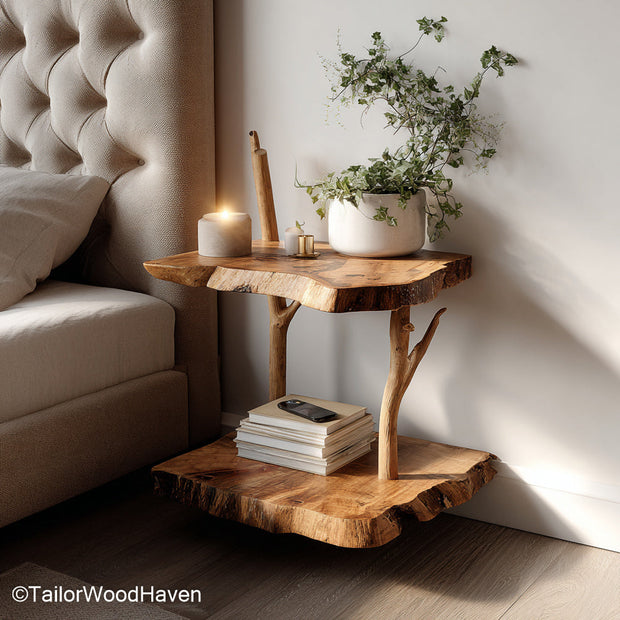 Wall fixed bedside table designed from natural hardwood with clean lines and floating support, ideal for tidy and minimalist bedroom layouts