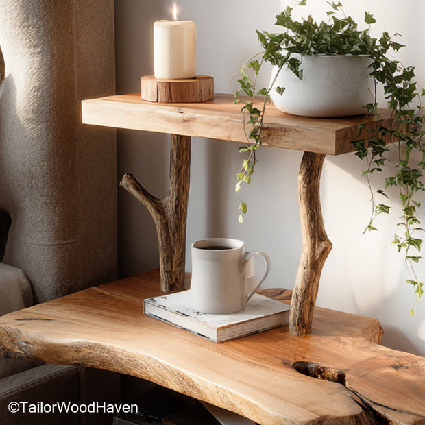 Bedside table on the wall built with a simple hardwood top and wall mounted support, ideal for modern homes with minimal floor footprint