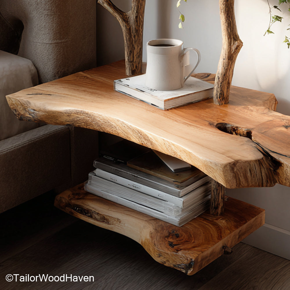 Bedside table on the wall built with a simple hardwood top and wall mounted support, ideal for modern homes with minimal floor footprint