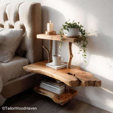 Bedside table on the wall built with a simple hardwood top and wall mounted support, ideal for modern homes with minimal floor footprint
