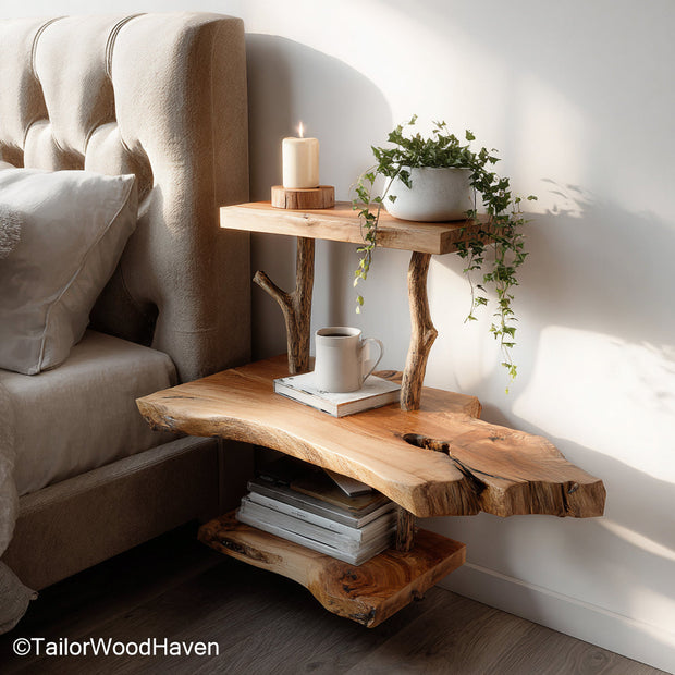 Bedside table on the wall built with a simple hardwood top and wall mounted support, ideal for modern homes with minimal floor footprint