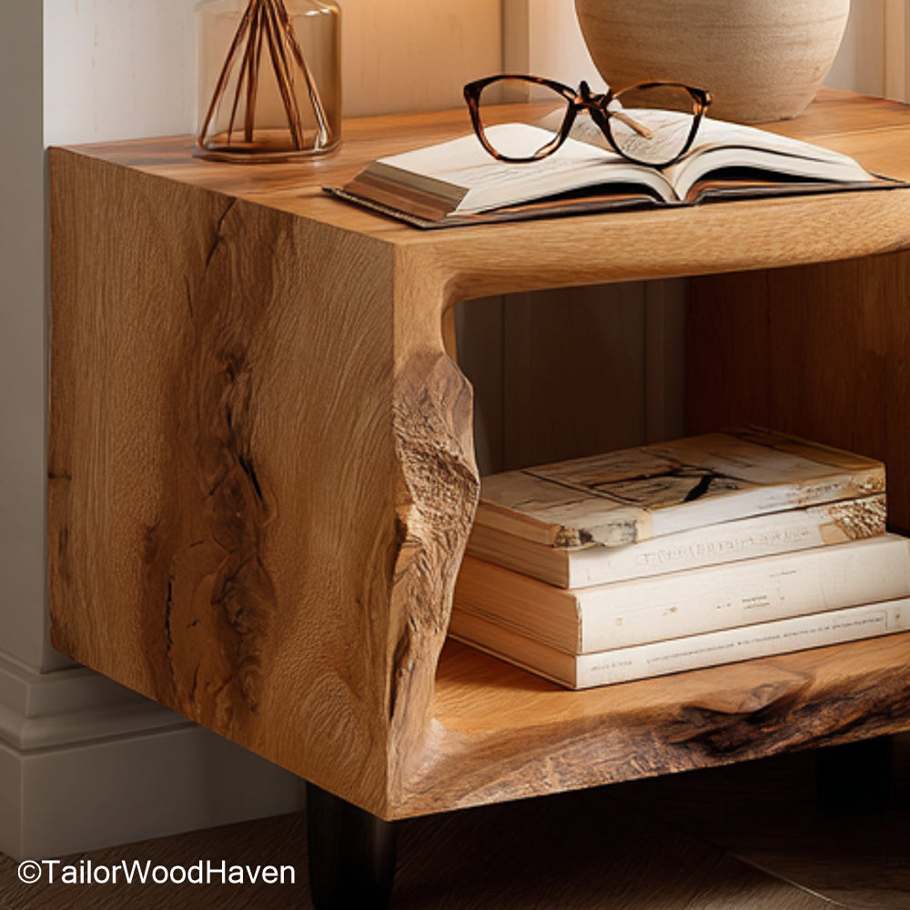 Night stand attached to wall crafted from real wood with bracket free frame and clean shape, ideal for tidy and space saving bedroom storage