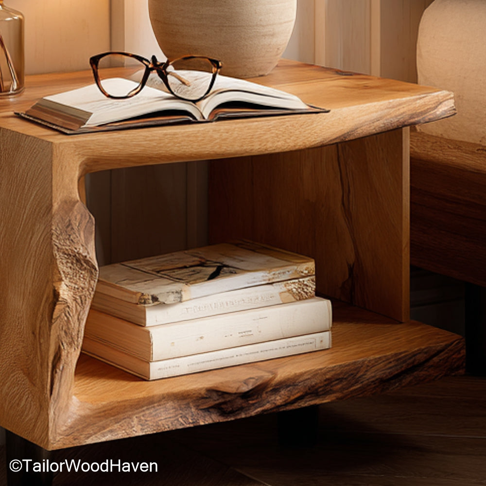 Night stand attached to wall crafted from real wood with bracket free frame and clean shape, ideal for tidy and space saving bedroom storage