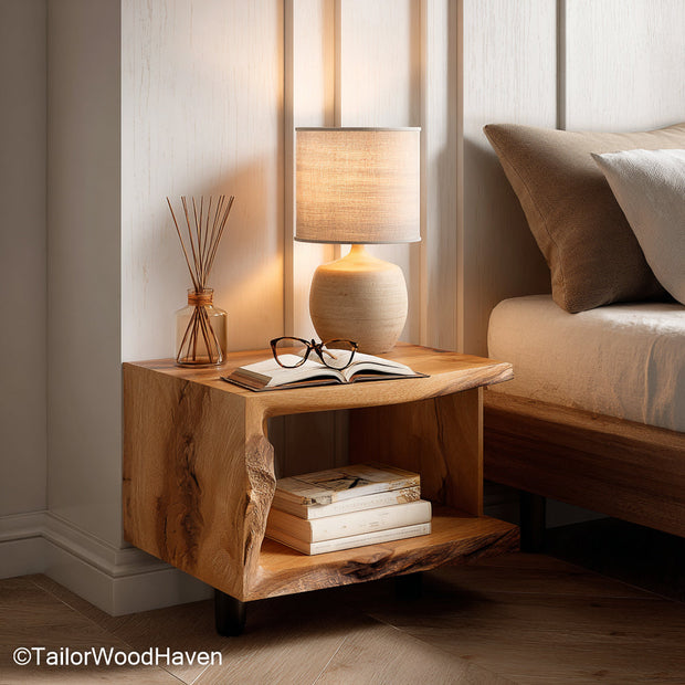 Night stand attached to wall crafted from real wood with bracket free frame and clean shape, ideal for tidy and space saving bedroom storage