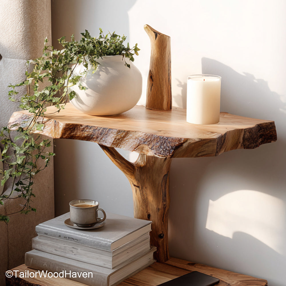 Floating nightstand bedside table built from real wood with a clean floating frame, ideal for compact bedside storage in modern or rustic bedrooms